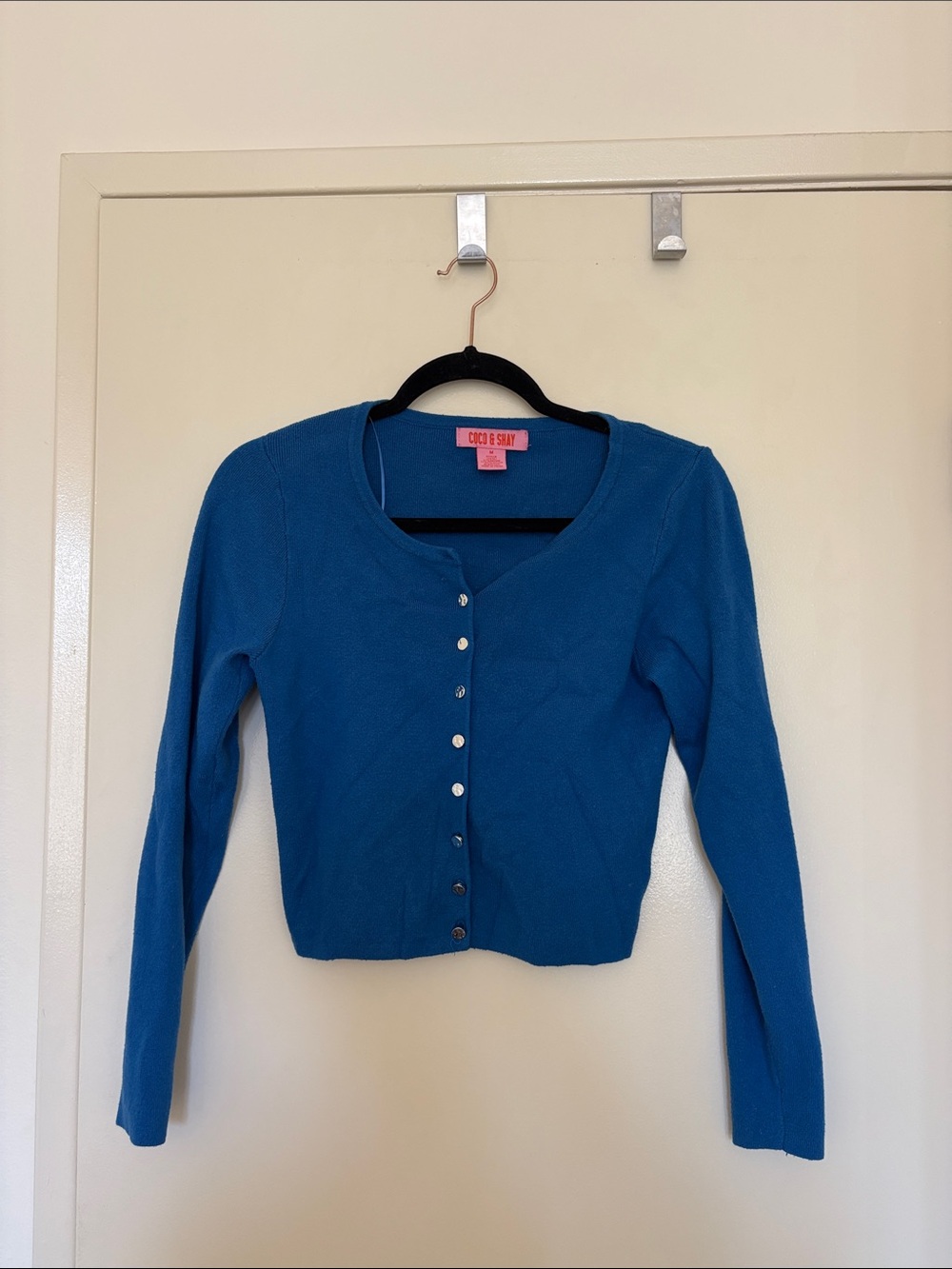 Blue Long-Sleeve Button Crop Cardigan